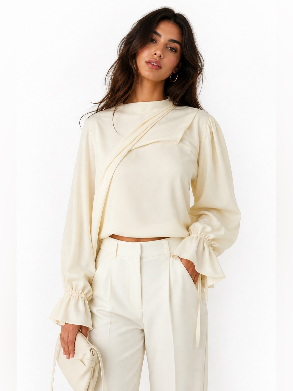 Osman Yousefzada Collective‎ Ivory Draped Tie Sleeve Open Back Blouse Size 2 RTR